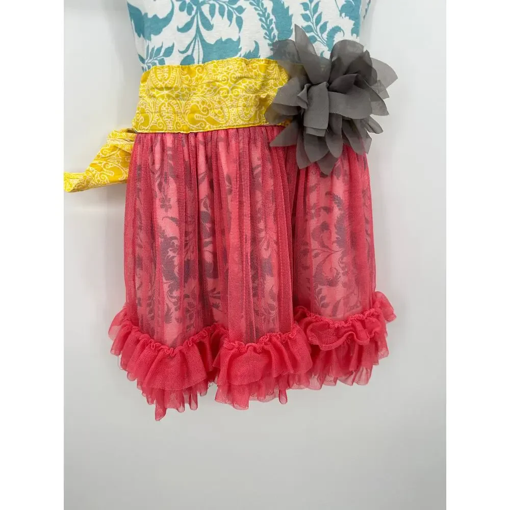 Giggle‎ Moon Girls Ruffle Floral Dress Sleeveless Pink Teal Yellow Size 5 HM10